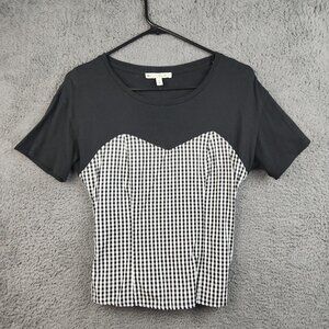 Womens Gingham Checkered Black White Tie Back Yoke Top X-Small Minimalist Casual